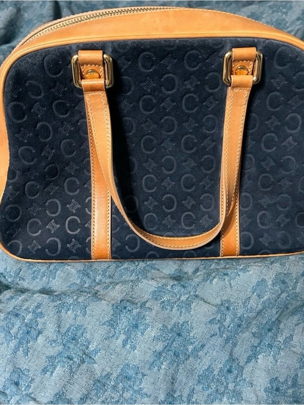 Celine Navy Suede Satchel with Tan Leather Trim